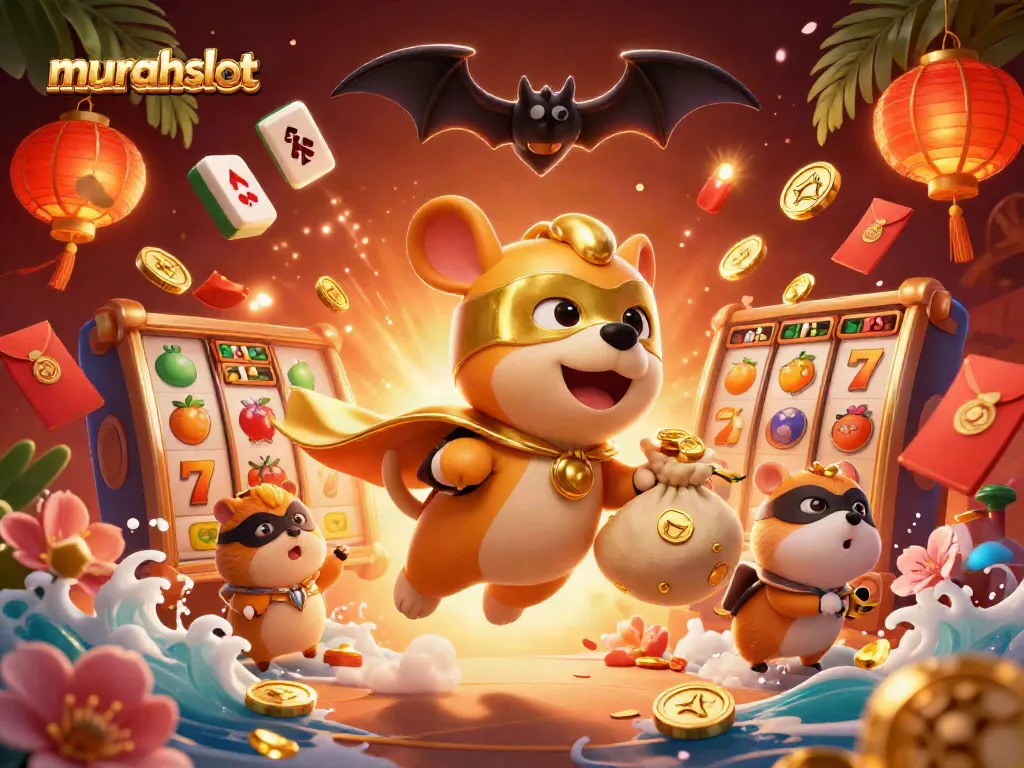 Murahslot menghadirkan atmosfer kemenangan dengan karakter anjing super dan hamster, dikelilingi elemen permainan yang menguntungkan.