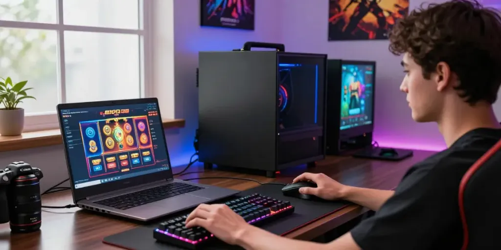 Player experiencing the thrill of online gaming at Bro138 with a dynamic setup and colorful slots.