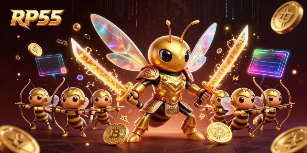 Engage in the vibrant world of RP55 with a dynamic illustration featuring a hornet samurai and bee archers amidst crypto-themed game elements.