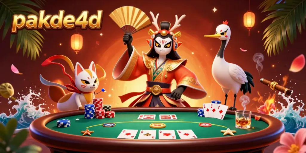 Engage in the fun of pakde4d with 3D characters amidst vibrant poker elements.