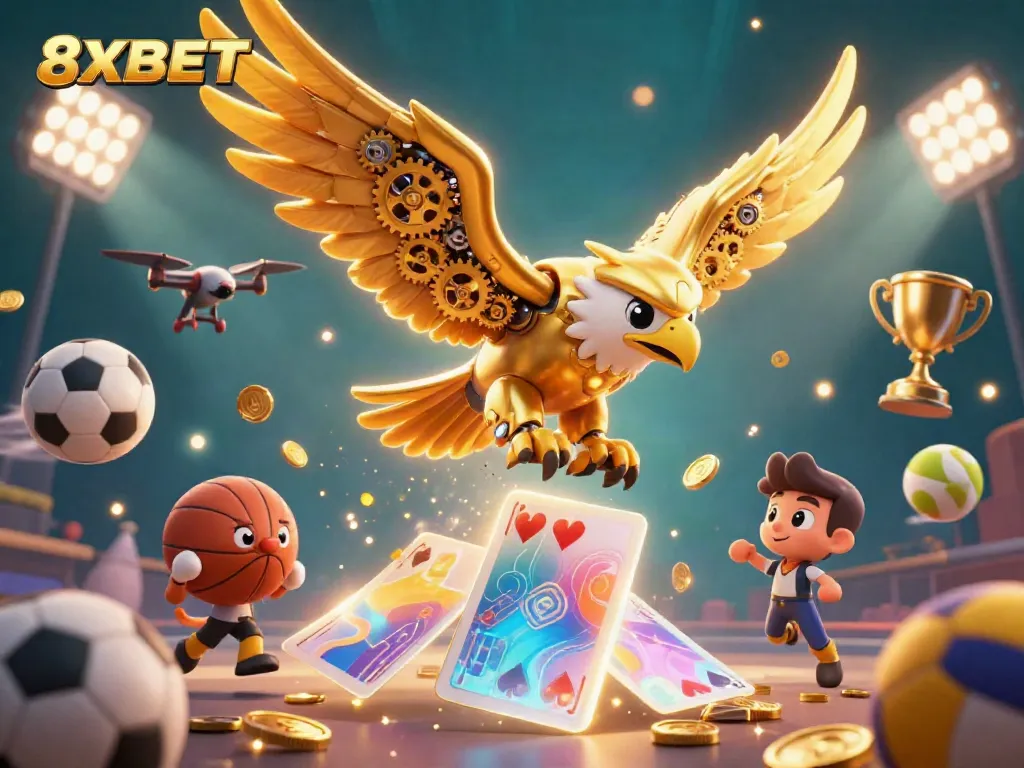 Experience thrills with 8XBET as dynamic sports elements fly amid golden eagles in this vibrant casino scene.