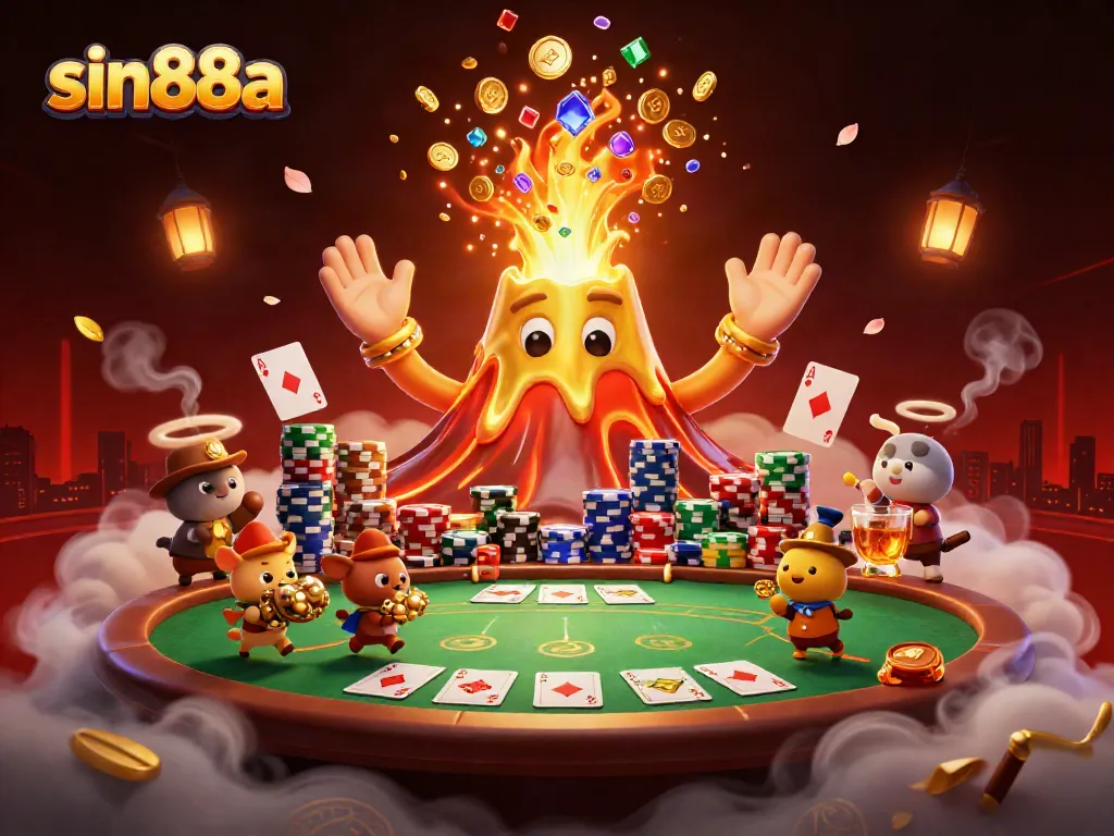 Experience exciting gameplay with sin88a at a vibrant casino, featuring a golden volcano and poker elements.