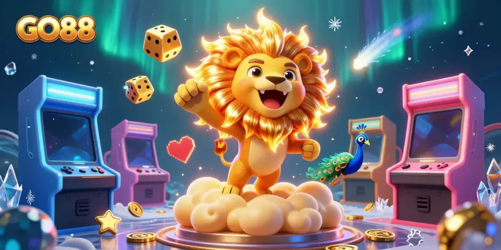 Engage with GO88 in a vibrant casino scene filled with gold and gaming elements.