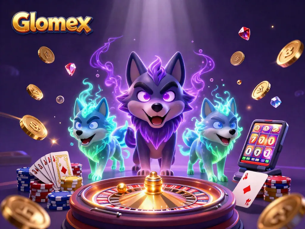 Glomex showcases a thrilling casino scene with ghostly wolves and vibrant gambling elements.