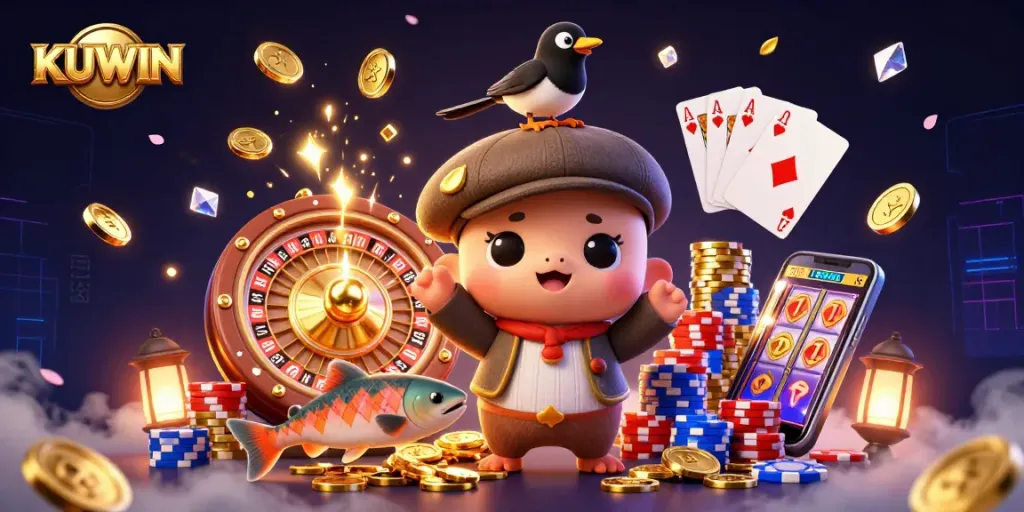 KUWIN players enjoy vibrant casino action with cartoon characters in an engaging 3D scene.