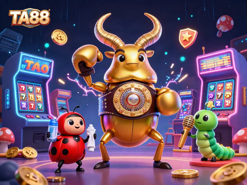 Engage with TA88 casino excitement featuring a golden stag beetle champion amid vibrant slot machines.
