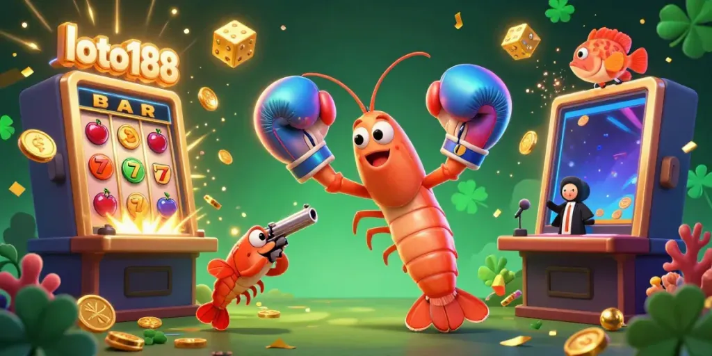 Catch the excitement of loto188 with a colorful 3D casino illustration featuring lively sea creatures and jackpot elements.