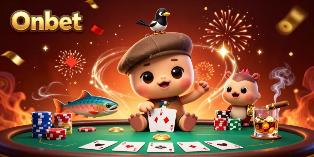 Engaging Onbet gaming scene featuring a playful baby Nessie, gold chips, and vibrant casino elements.