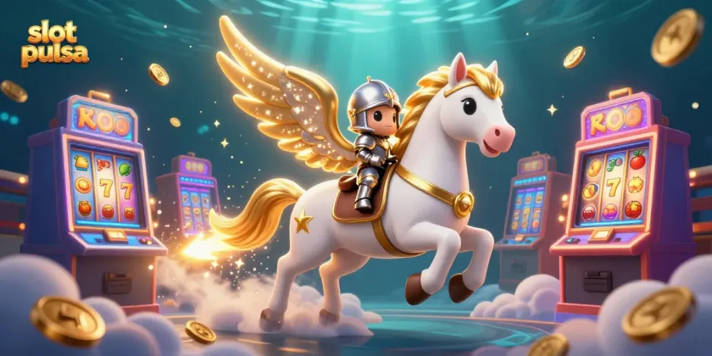 Spin the reels of slot pulsa games with a celestial horse and knight, vibrant casino elements