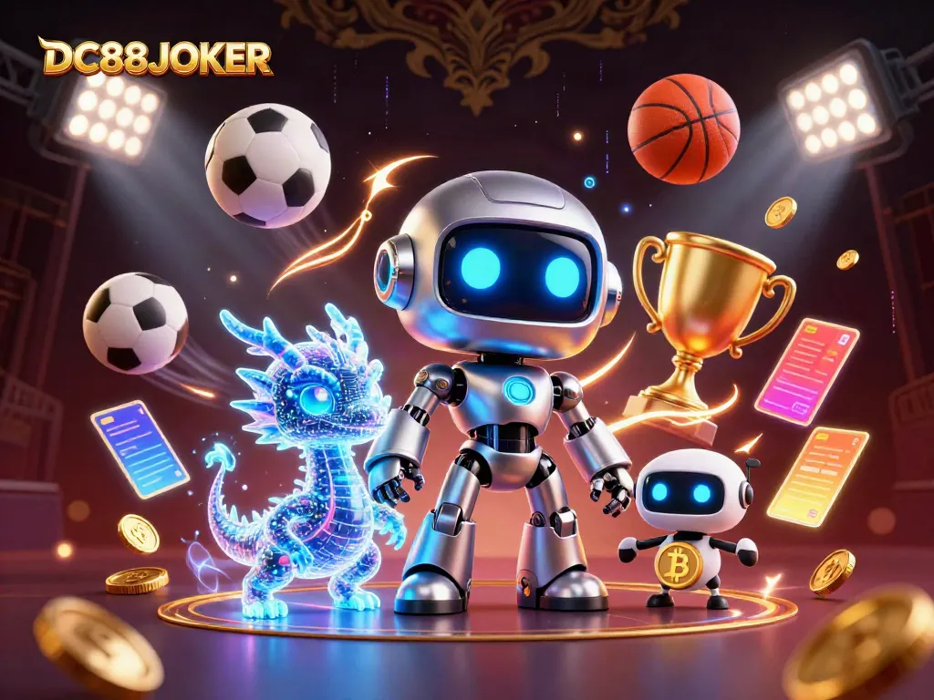 Engage with DC88JOKER's exciting scene featuring a futuristic robot and gaming elements in a vibrant casino setting.