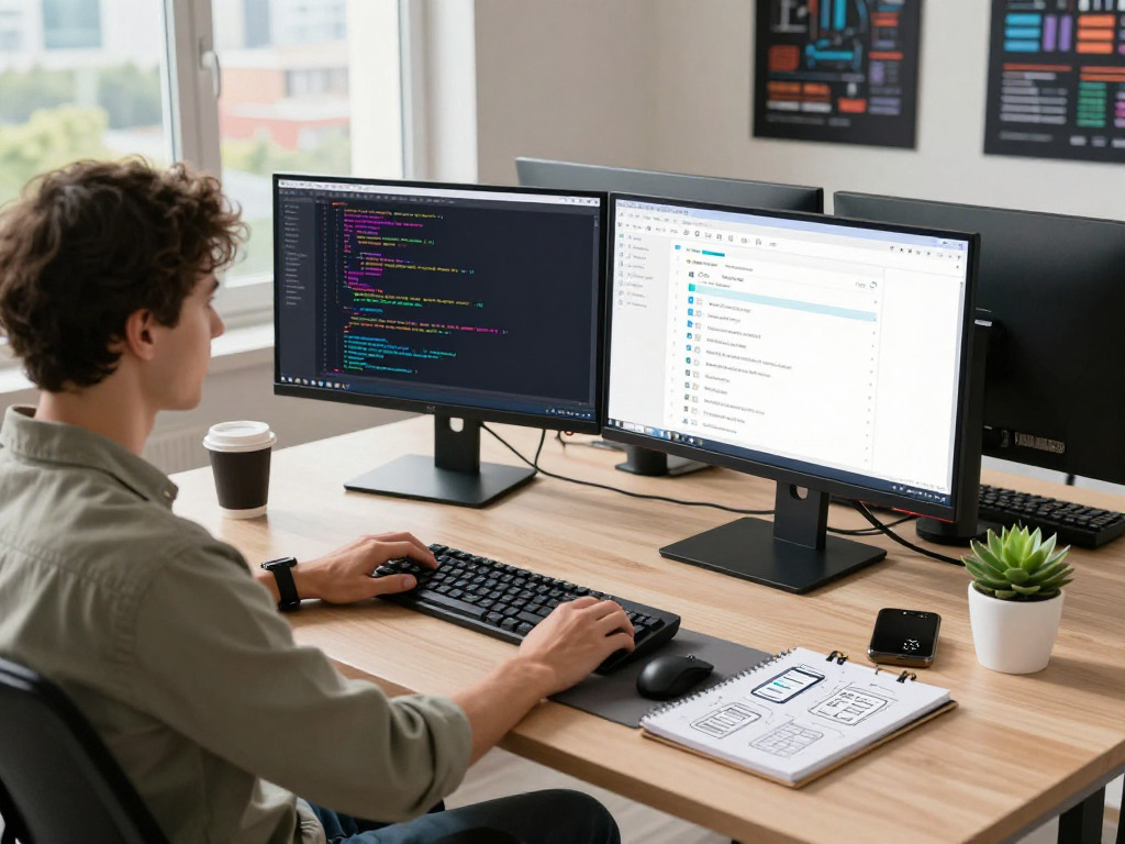 Workspace inovatif di https://bos88ap.com/ dengan programmer yang bekerja pada kode perangkat lunak, menampilkan suasana yang produktif.