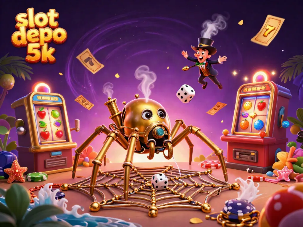 Experience slot depo 5k excitement with a steampunk spider catching dice in this vibrant scene.