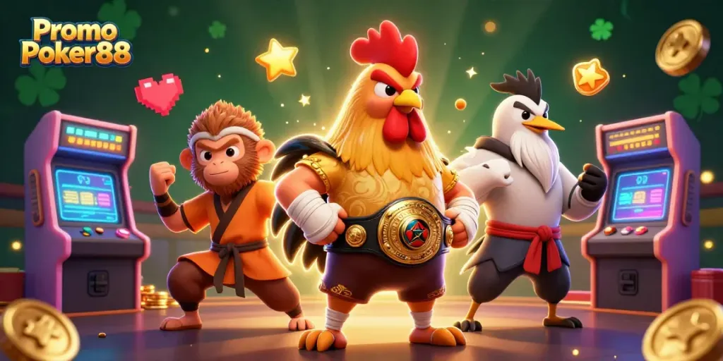 Experience the excitement of Promo Poker88 with dynamic characters and vibrant casino elements.