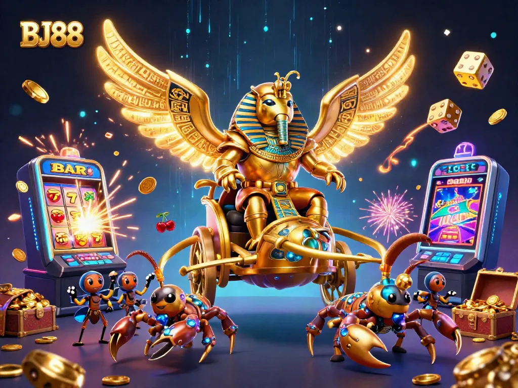 Experience BJ88's vibrant casino magic with a golden scarab and dazzling jackpot.