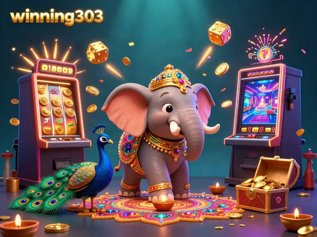 Experience the vibrant world of winning303 with a jackpot bursting spectacle featuring a Diwali-themed elephant and colorful gaming elements.