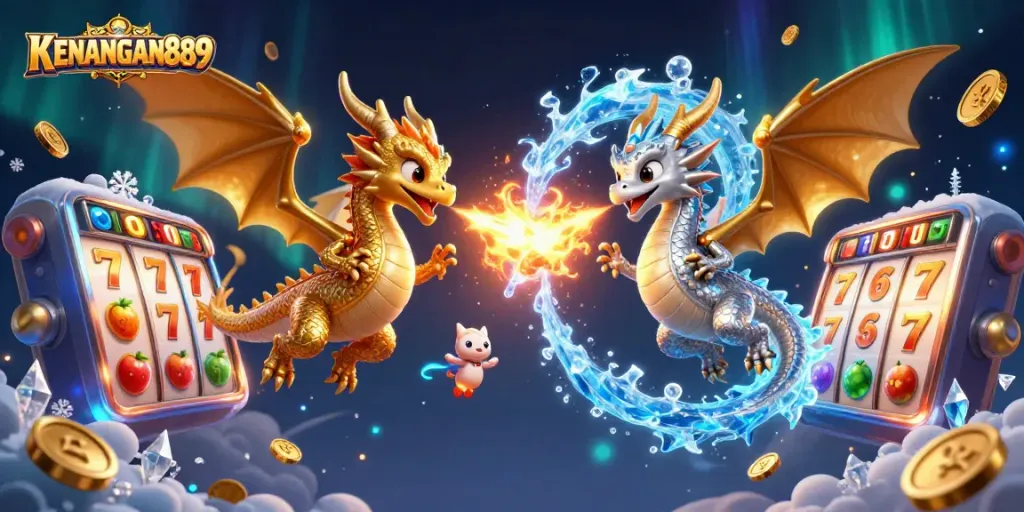 Spin and win at KENANGAN889 with thrilling slot action featuring dynamic dragons and sparkling elements.