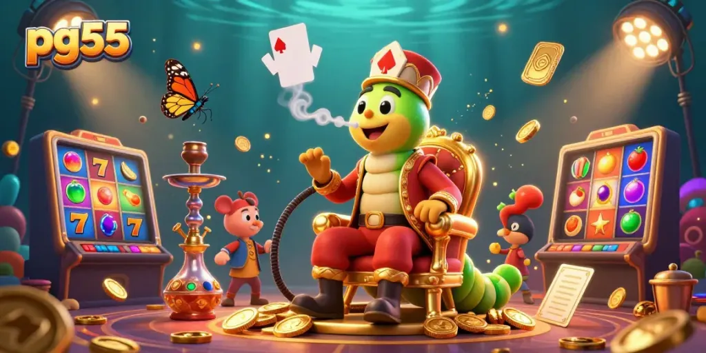 Experience thrilling gaming at pg55 with a vibrant illustration of a caterpillar hookah-master and dynamic slot symbols.