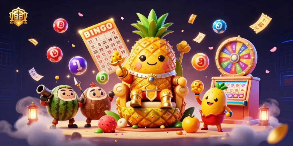 Play thrilling casino games at GK88 while enjoying colorful lottery balls around a pineapple king.
