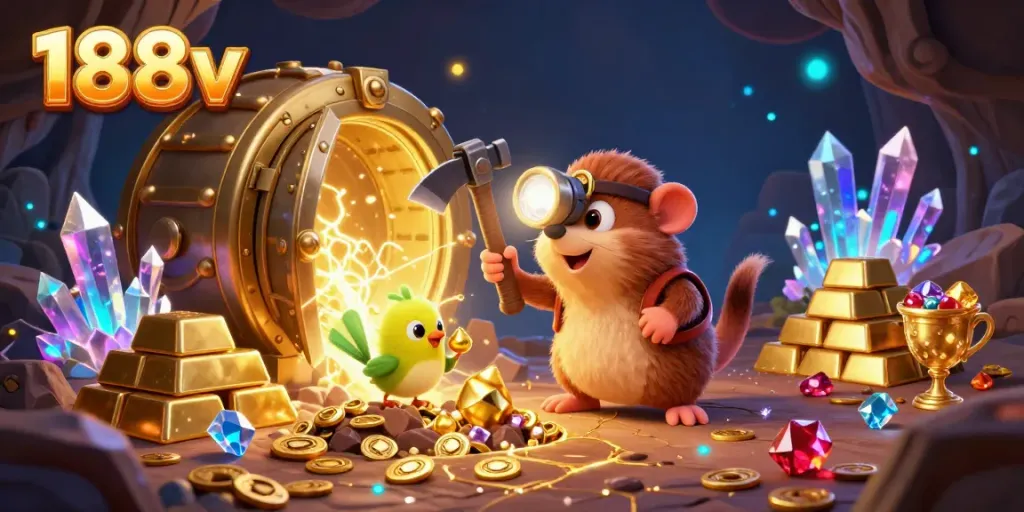 Engage with the excitement of 188v treasure hunting adventures through a vibrant 3D illustration filled with gold and gems.