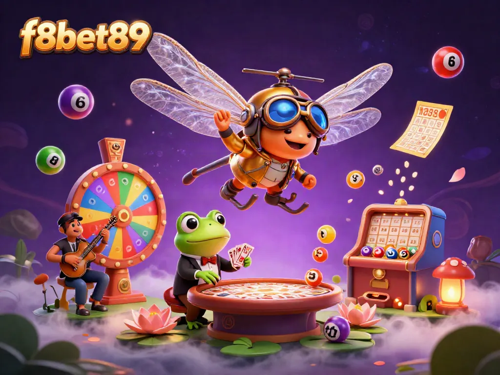 Experience the magic of f8bet89 as a dragonfly pilot and frog croupier entertain in a lively casino scene.