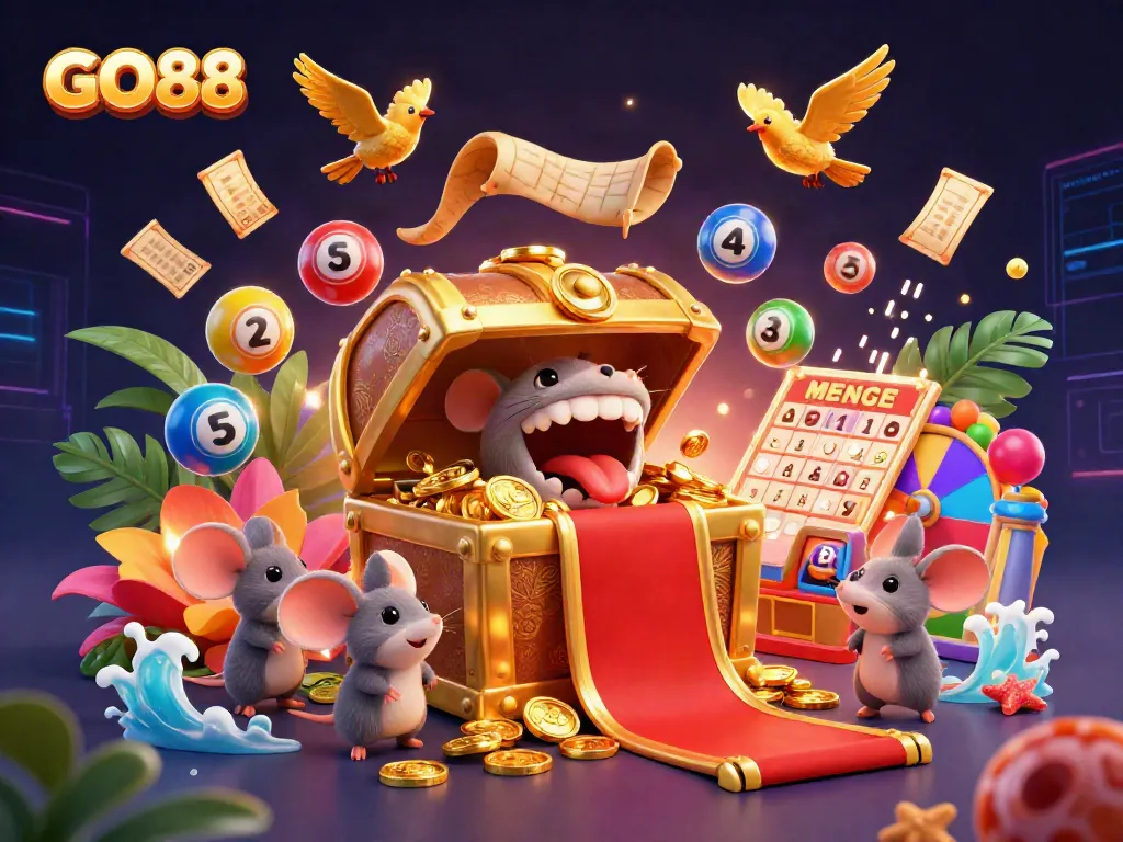 Engage with the thrilling GO88 gaming experience featuring a vibrant 3D illustration of a treasure chest and a colorful gambling scene.