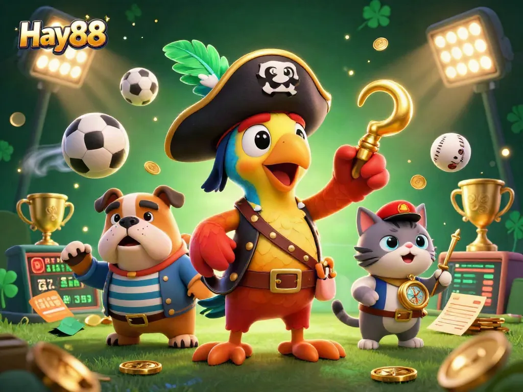 Experience thrilling gameplay with Hay88 featuring 3D cartoon pirate captain and dynamic sports elements.
