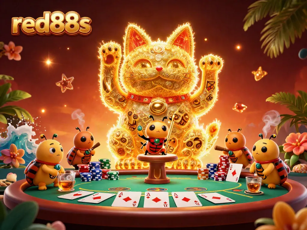 Watch the lucky cat symbolizing red88s come to life amidst a vibrant casino scene.