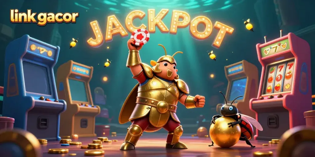 Experience the thrill of winning with link gacor as a golden armored beetle lifts a poker chip in celebration.
