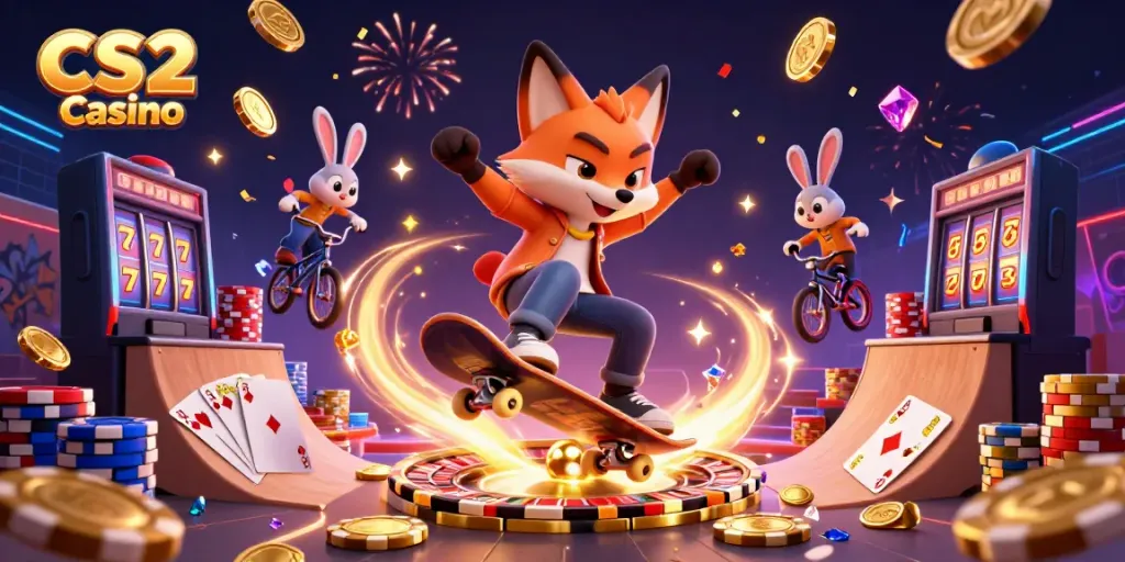 Enjoy thrilling action in a vibrant CS2 Casino environment with cartoon characters celebrating gambling fun.
