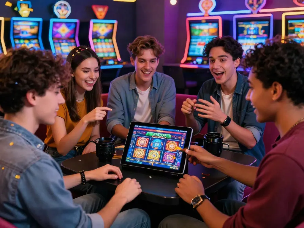 Engaging online gaming scene featuring akunjp with friends enjoying a tablet game