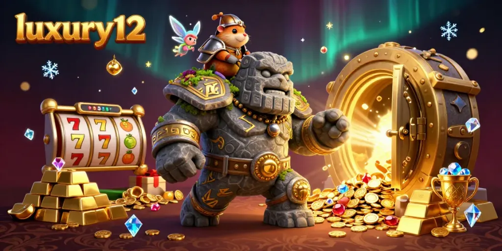 Experience the magic of luxury12 with a vibrant 3D illustration featuring a golem and a hamster knight among sparkling treasures.