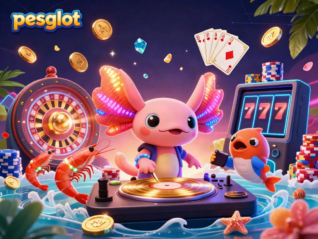 Experience the vibrant energy of pesgslot with a neon axolotl DJ and dynamic casino elements.