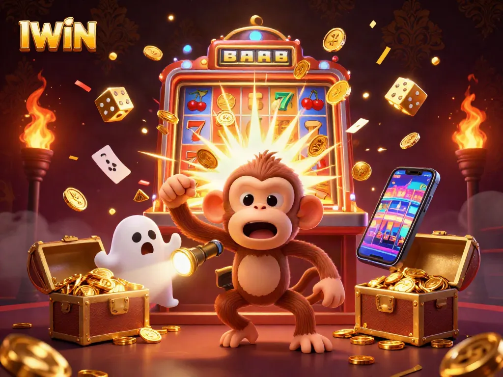 IWIN brings excitement as a playful monkey juggles casino treasures in a thrilling environment.