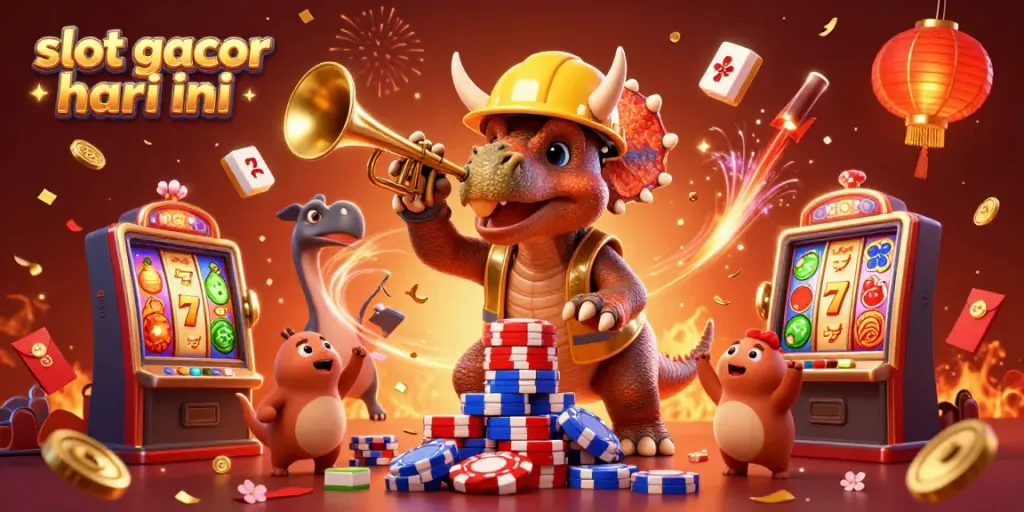 Ilustrasi 3D slot gacor hari ini dengan triceratops membangun tumpukan chip poker dan lampion mengilap di latar belakang.