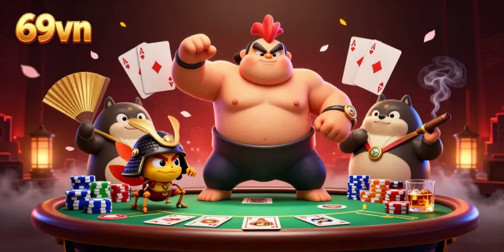 Witness an action-packed scene of the 69vn casino world, showcasing a sumo wrestler, cricket, and tanuki celebrating a poker victory.