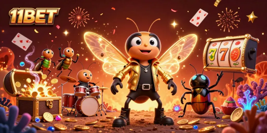 Experience the excitement of 11BET with a vibrant casino-themed illustration filled with animated characters and dynamic gaming elements.