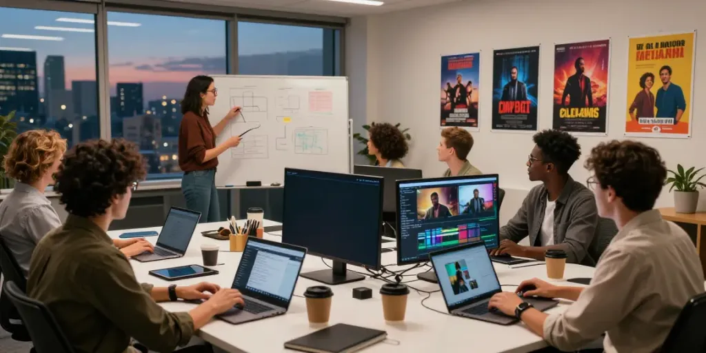 Ruang kantor modern untuk streaming dengan profesional kreatif bekerja dan pengeditan video, menunjukkan bokep terbaru.