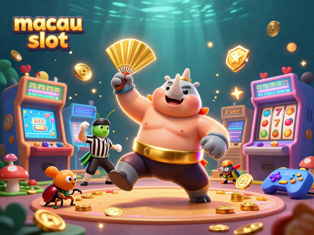 Mengguncangkan macau slot, kejuaraan kumbang badak 3D dalam sabuk mawashi emas mengirimkan koin terbang di kasino virtual.