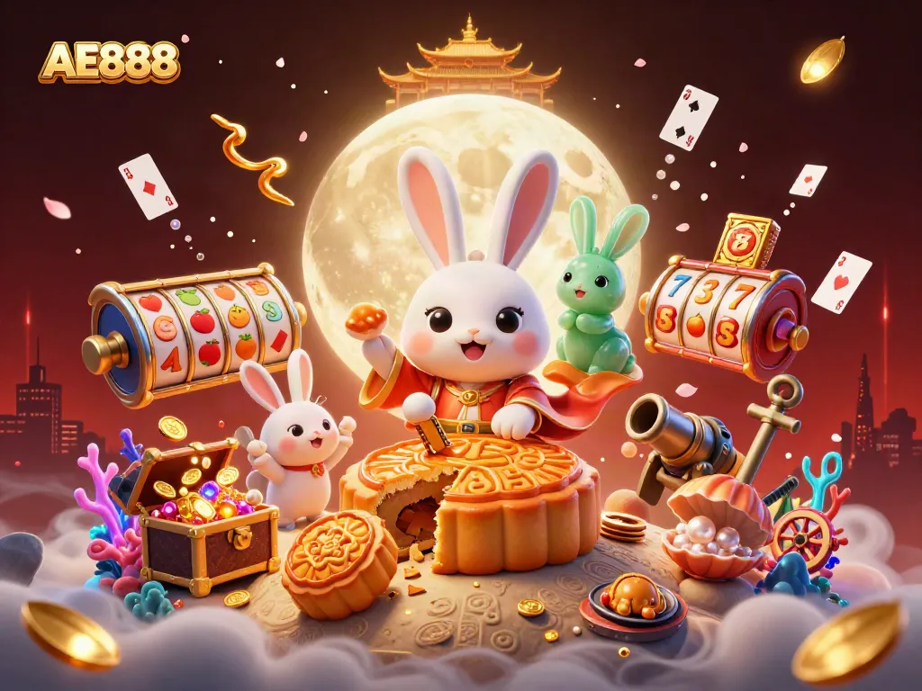 Experience gambling excitement with AE888 as a moon rabbit celebrates with poker chips amidst a vibrant casino scene.