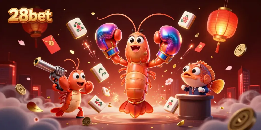Experience the excitement of 28bet with 3D cartoon characters in a thrilling casino-themed illustration.