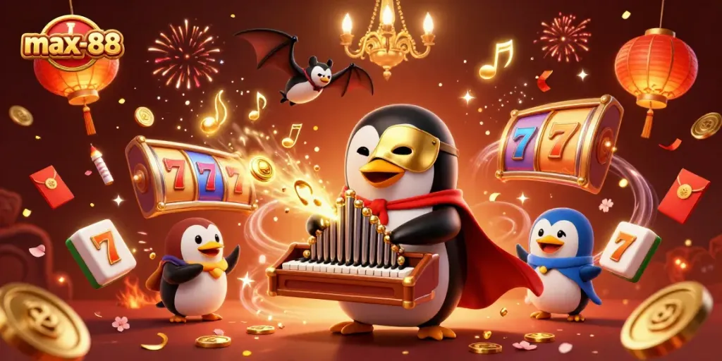 Experience the excitement of max-88 with a majestic phantom penguin playing organ while winning slot reels spin.