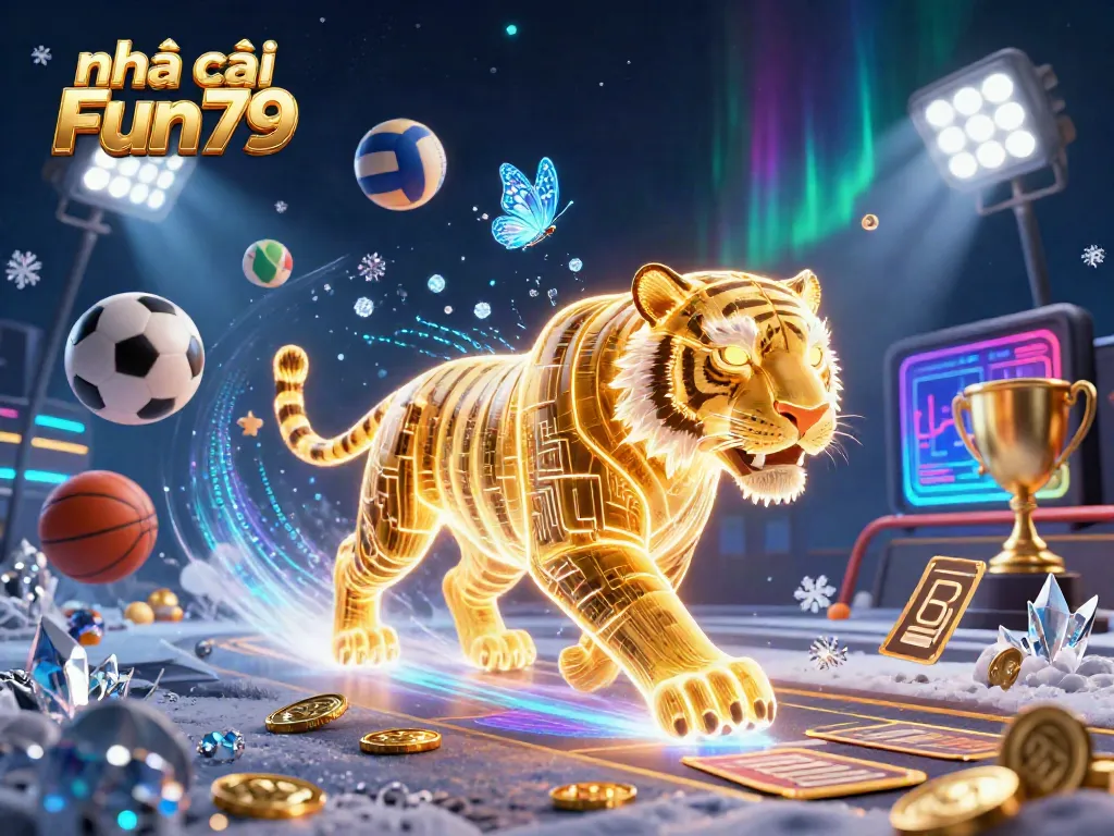 Experience the vibrant world of nhà cái Fun79 as a golden tiger navigates a digital casino space filled with sports elements.