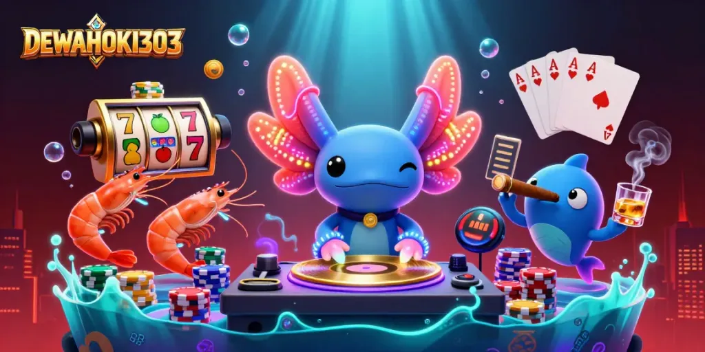 DEWAHOKI303 menghadirkan suasana kasino yang hidup dengan DJ axolotl dan simbol slot menggoda.