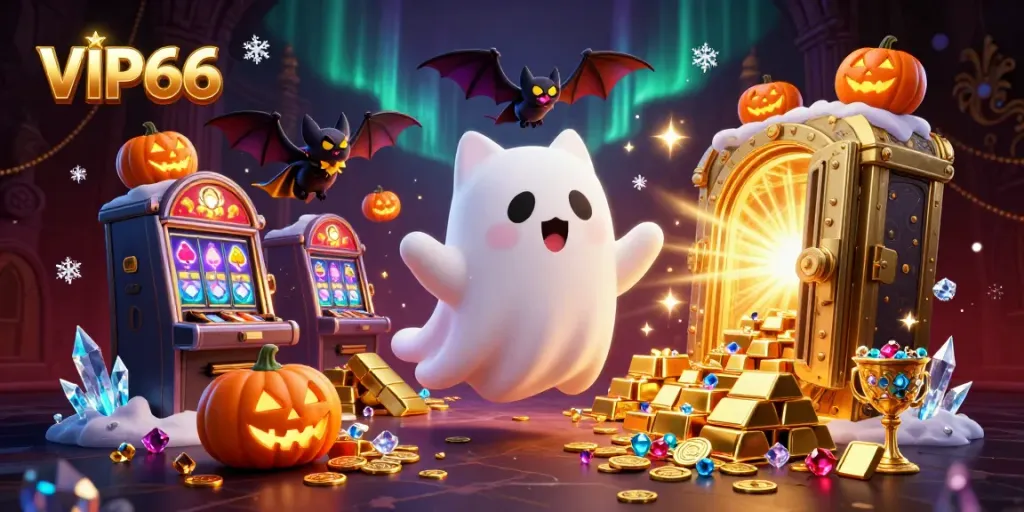 Experience thrilling gameplay at VIP66 casino with friendly characters in a luxurious haunted setting.
