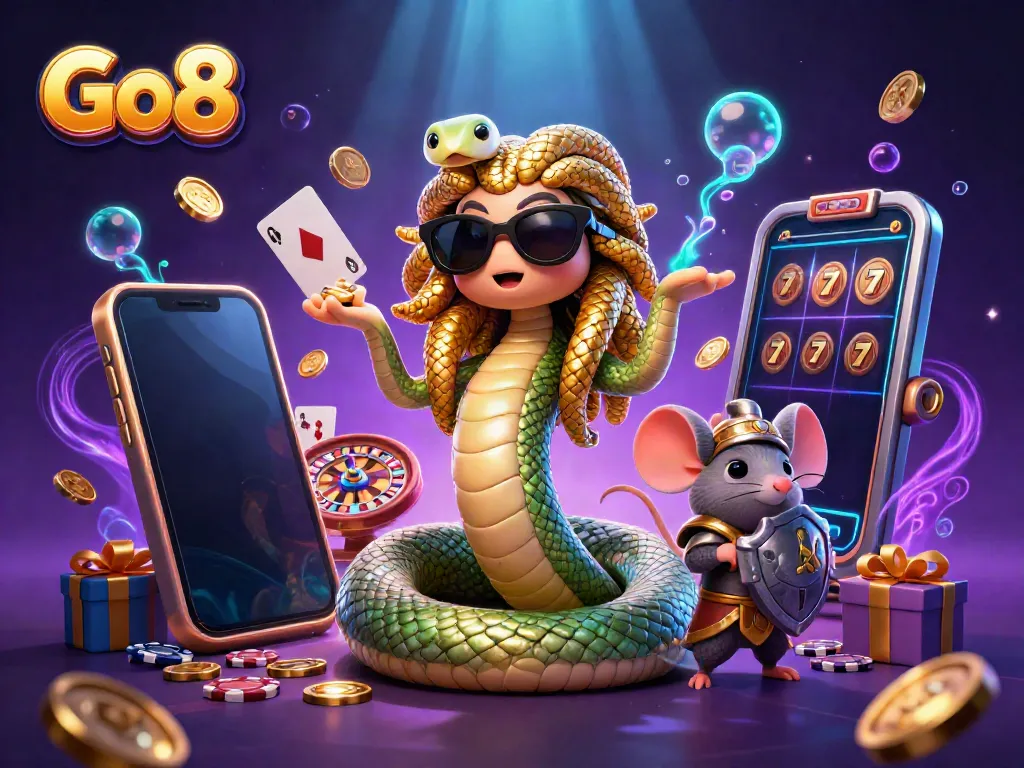 Experience exciting Go8 gaming with Medusa and friends amidst vibrant casino elements.