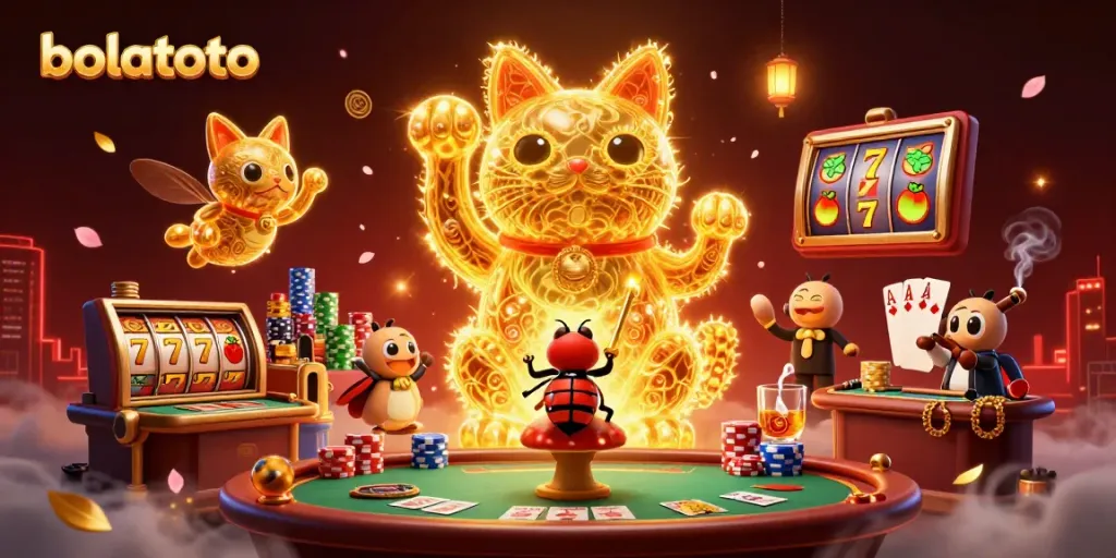 Engage with bolatoto's thrilling slots featuring a lucky cat amidst vibrant casino symbols and game elements.