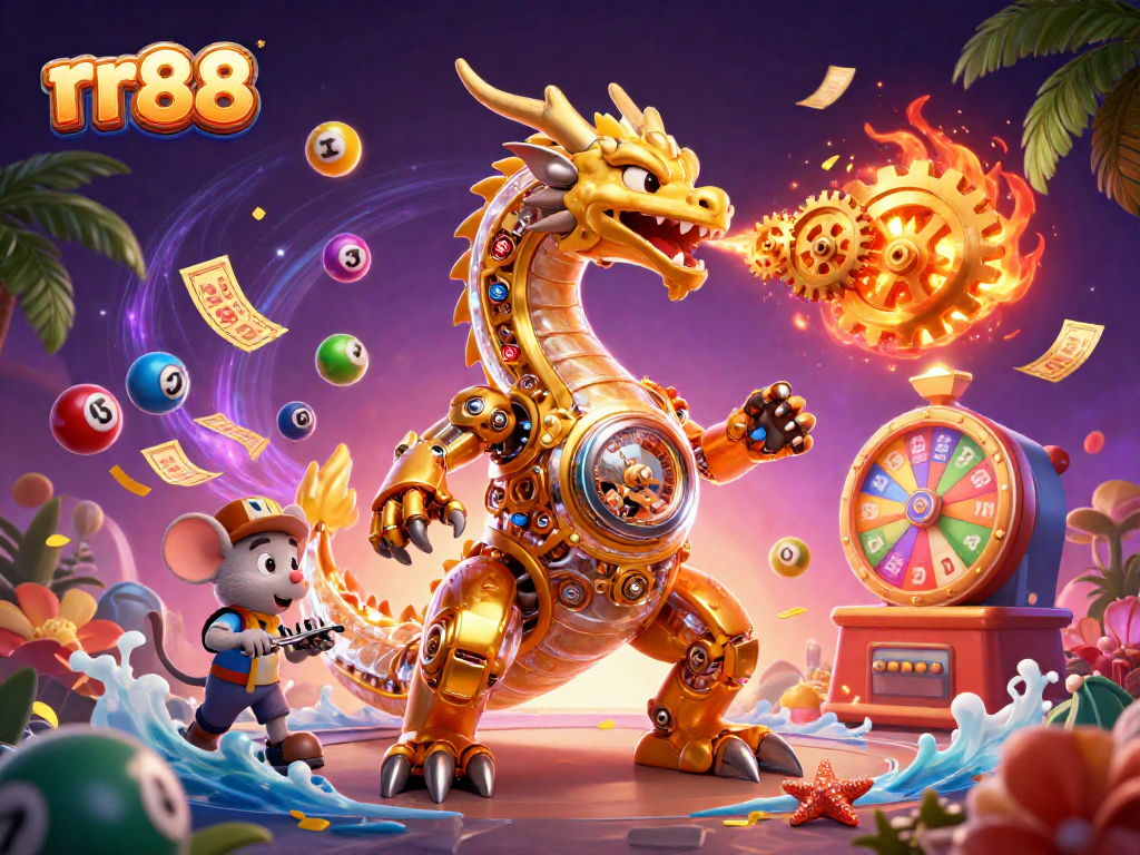Play exciting rr88 games with a golden dragon and dynamic lottery elements in a vibrant scene.