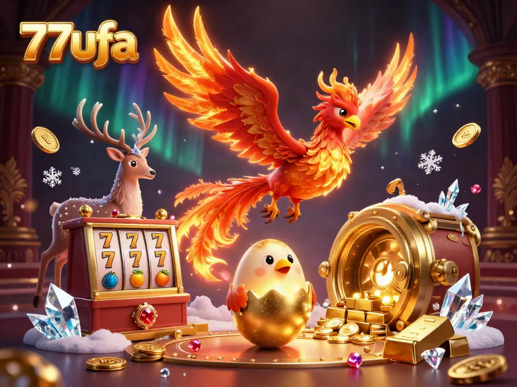 Experience dynamic casino excitement with 77ufa's vibrant phoenix and treasure scene.