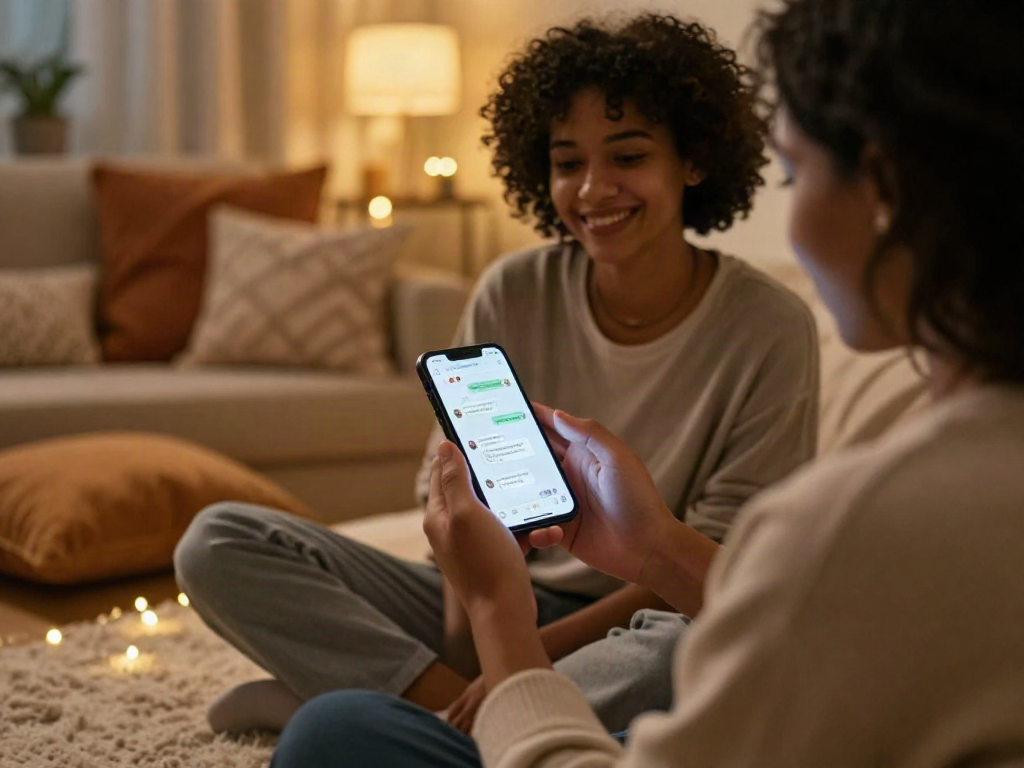 Engaging scene depicting sexting AI interaction between two individuals in a cozy, warmly-lit room, highlighting modern digital romance.