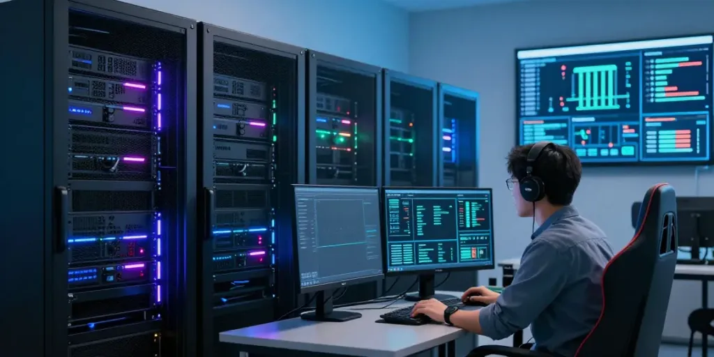 Dynamic gaming server room showcasing singatoto's Bulkhead Pattern implementation for optimized performance.